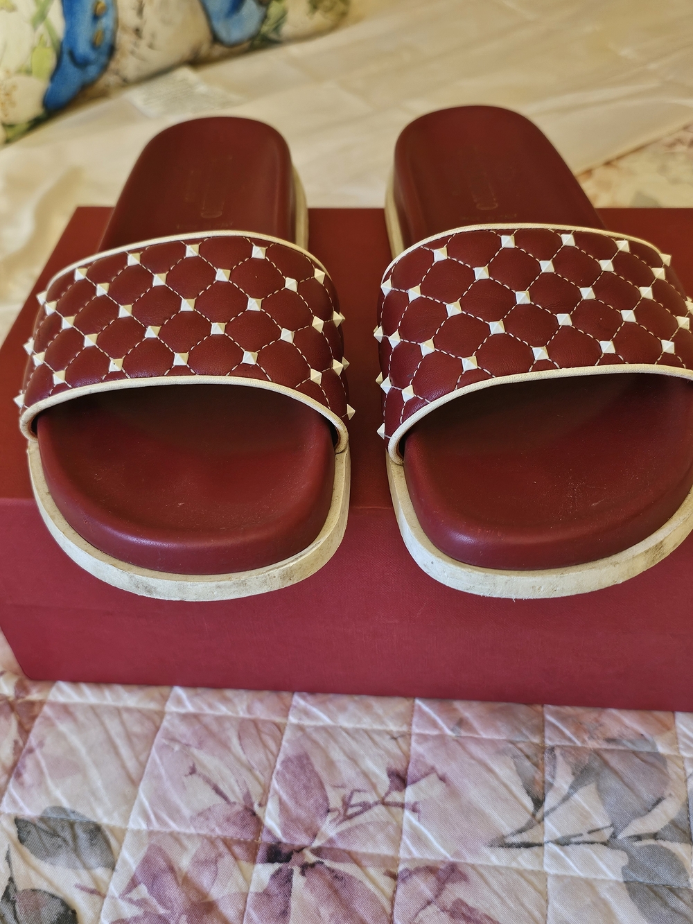 Valentino Garavani Quilted Burgundy and White Slide Sandals